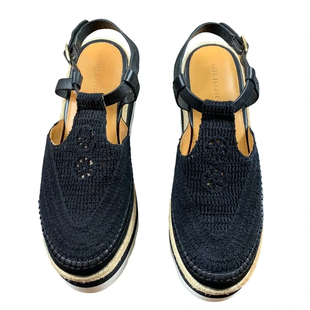 Free People Morning In Mykonos Espadrille Sandals Black Crochet Platform Size 9